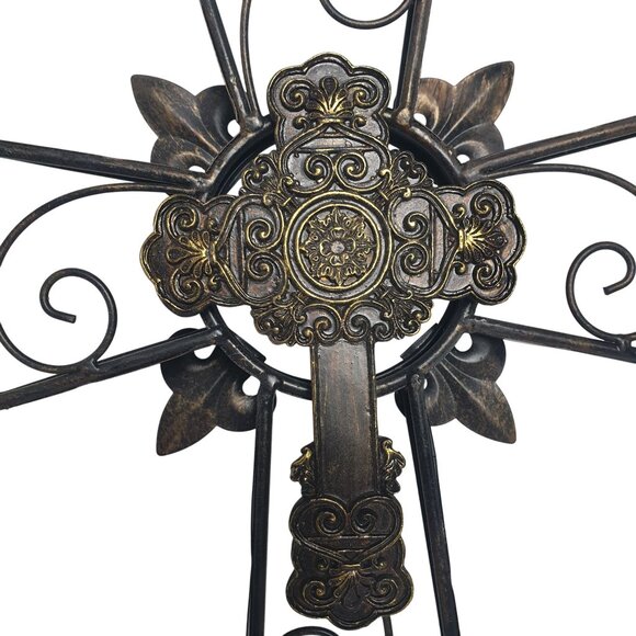 Ornate Metal Wall Cross 16" Bronze Decorative Scrollwork & Fleur-De-Lis Details - Picture 4 of 6